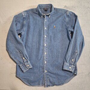Vintage Ralph Lauren Blue Denim Mens XL Western Button Down Long Sleeve